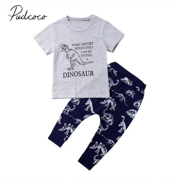 

2018 brand new toddler infant kids baby boys dinosaur t-shirt pants leggings 2pcs casual summer sunsuit outfit clothes 1-6t, White