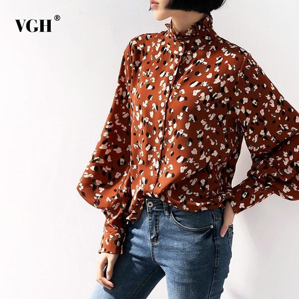 

vgh spring women shirt lantern sleeve stand collar loose slim button hit color print female blouse 2019 fashion new tide, White