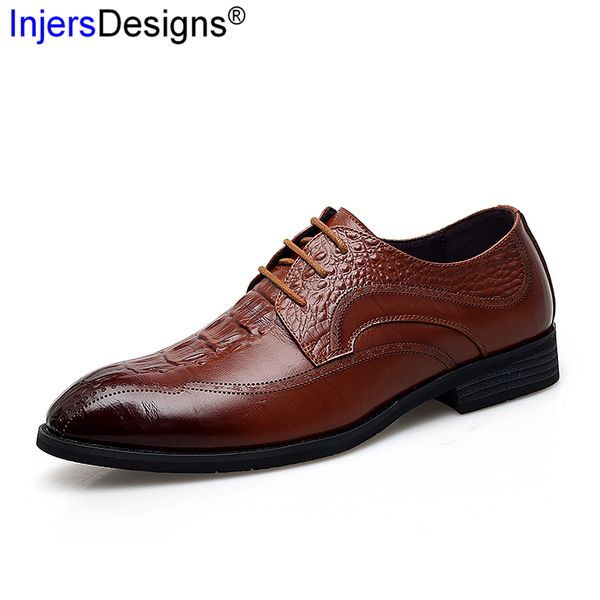 

new arrival men dress shoes quality genuine leather men shoes fashion lace-up embossed leather zapatos de hombre size38-44, Black