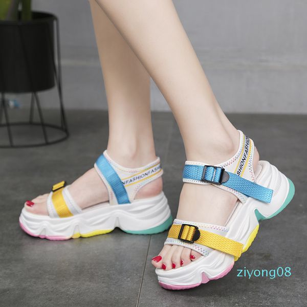 

rainbow sole open toe sport sandals women color buckle casual platform wedge sandals summer beach shoes women z08, Black