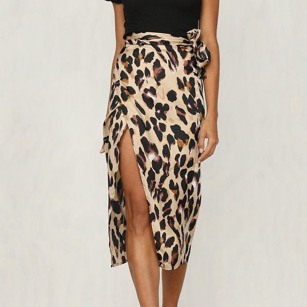 

summer clothes women slit print leopard high waist bandage elegant tunic lace up split slim tulle pencil skirt club wear, Black