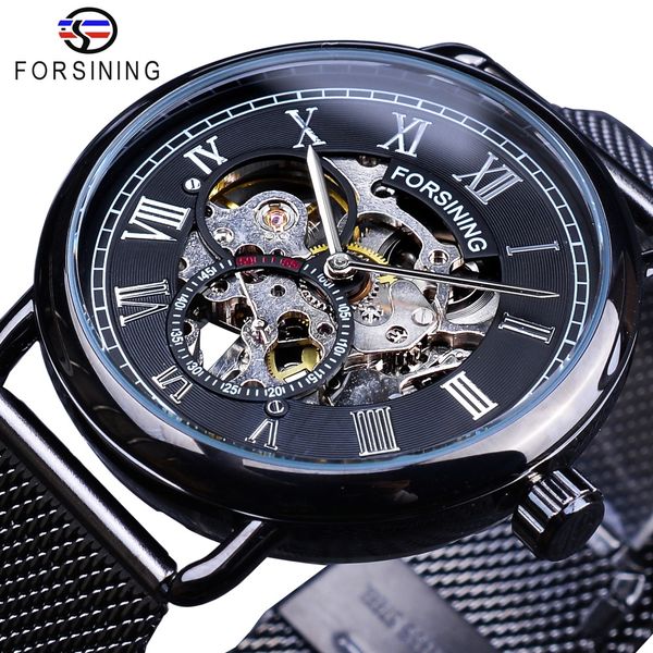 Forsining Classico Nero Argento Orologio Scheletrato Mesh Band Design Impermeabile Orologi meccanici da uomo Top Brand di lusso Montre Homme