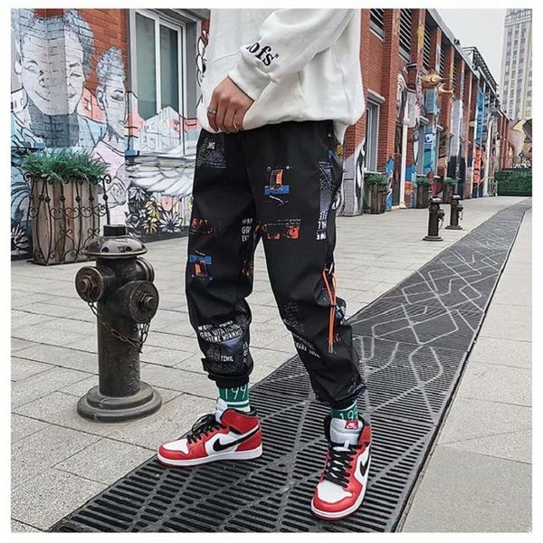 

mooregood men cargo pants hip hop pants men loose joggers streetwear print harem clothes ankle length trousers pantalones, Black