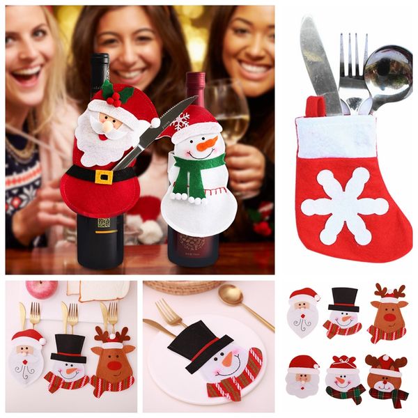

christmas wine bottle decor set knife fork bags santa claus snowman bottle cover clothes kitchen decoration for xmas party