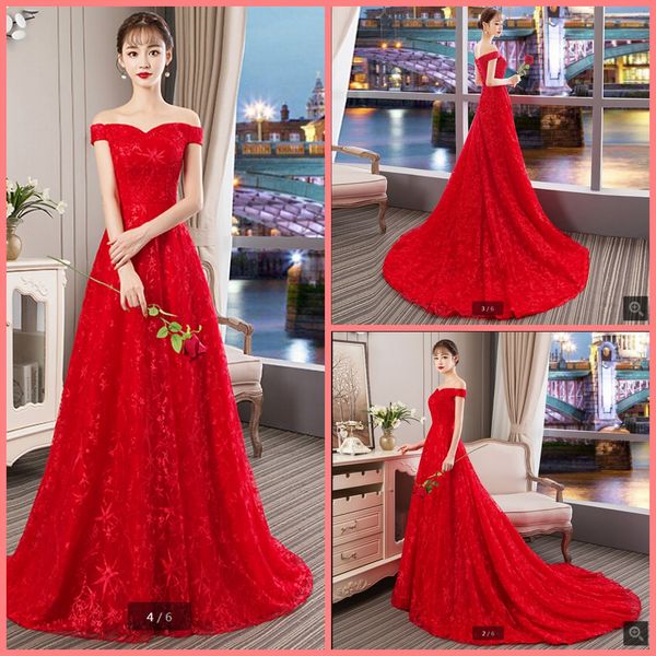 

2019 fashion red lace a line elegant wedding dress off the shoulder v neckline court train elegant bride gowns selling bride dresses, White