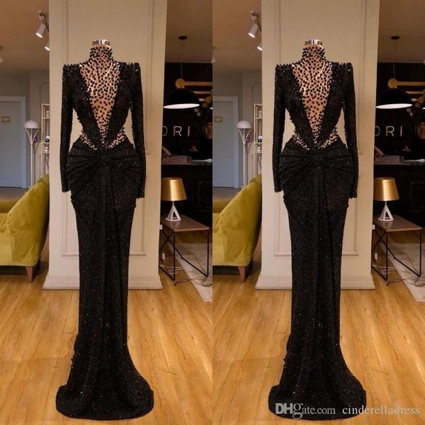 

2020 новый сексуальный асо ebi arabic черный sparkly выпускные платья кристаллы русалка вечерние платья длинные рукава формальные партия вто, Black