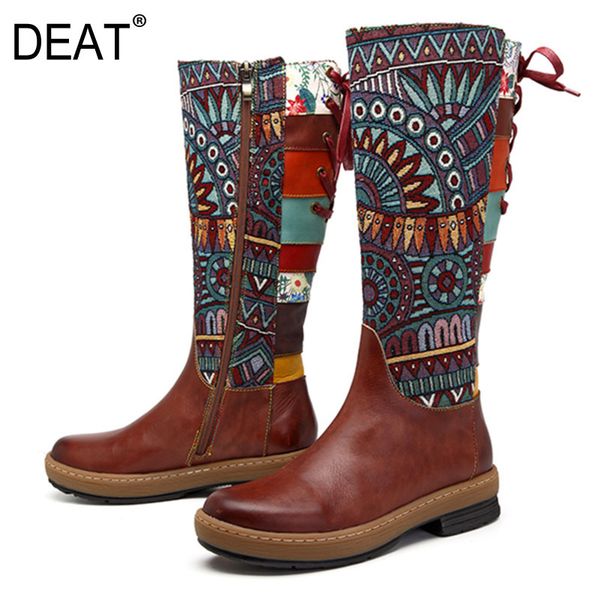 

deat] 2019 round toe zipper bandage mixed colors flower pu leather shoes women long boots new spring autumn fashion tide 10e192, Black