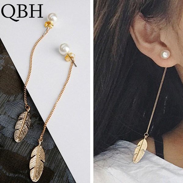 

2020 designer european fashion boucle d'oreille leaf feather simulation pearl long tassel earrings female ladies jewelry brincos, Golden;silver