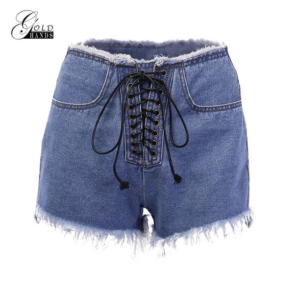 

gold hands denim shorts vintage light blue fashion tassel high waist with bow drawstring 2019 new arrival loose casual female, White;black