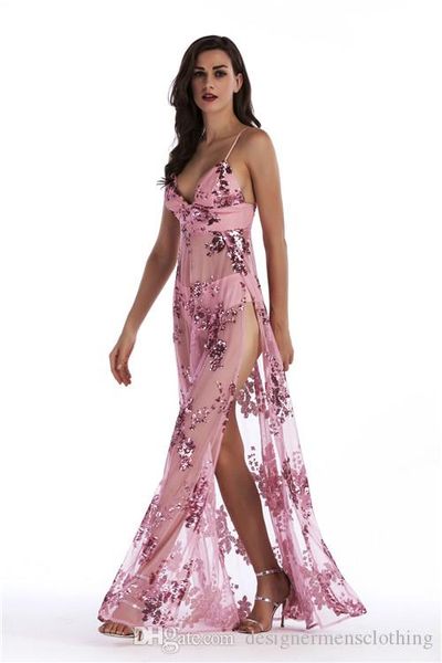 

womens summer sequined split dresses v neck floor length fashion female clothing night club bohemian style apparel, Black;gray