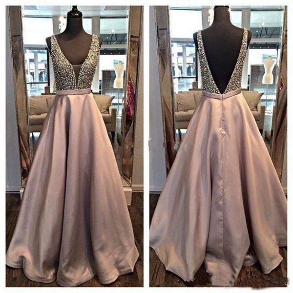 

2019 New Sexy Long Evening Dresses Backless Ball Gown Deep V Neck Beading Satin Sleeveless Occasion Dress Cheap Pageant Party Prom Gowns