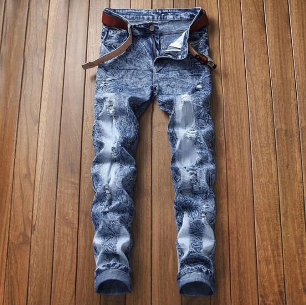 

men's jeans distressed mens fashion stretch ripped for men biker denim pants urban clothes, Blue