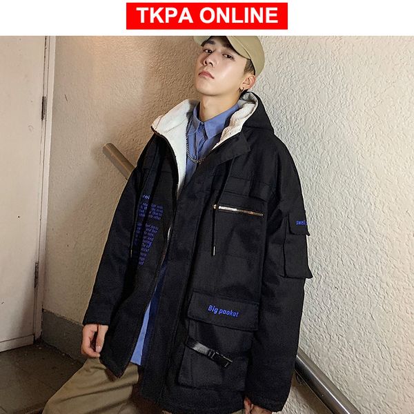 

wool winter jackets coats men 2020 hooded thick warm parka japanese streetwear korean fashions streetwear winter jacket, Black
