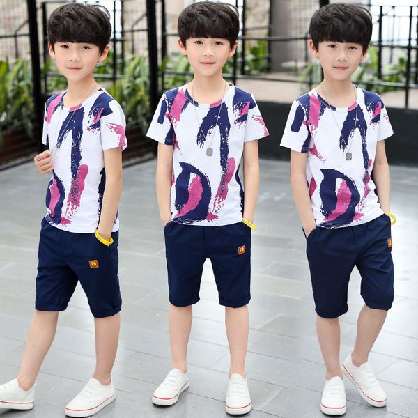 

korean casual kids clothes sports suit for boys clothing set 2020 new summer cotton teenage t shirt shorts 2pcs children outfits, White