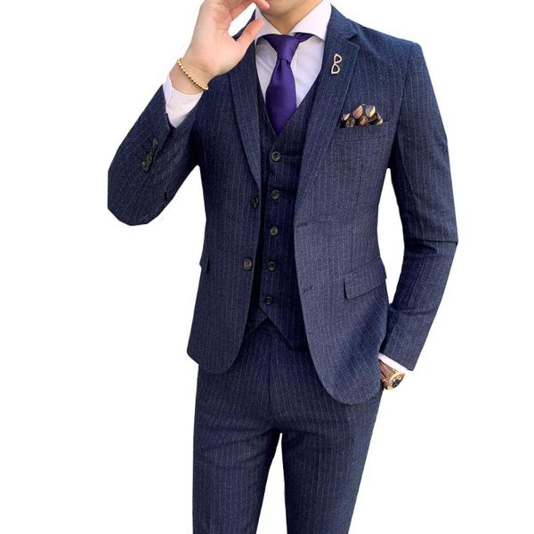 

3 pieces (jacket+pant+vest) men casual striped business suits new clothes wedding groomsman dress slim fit work suits, White;black