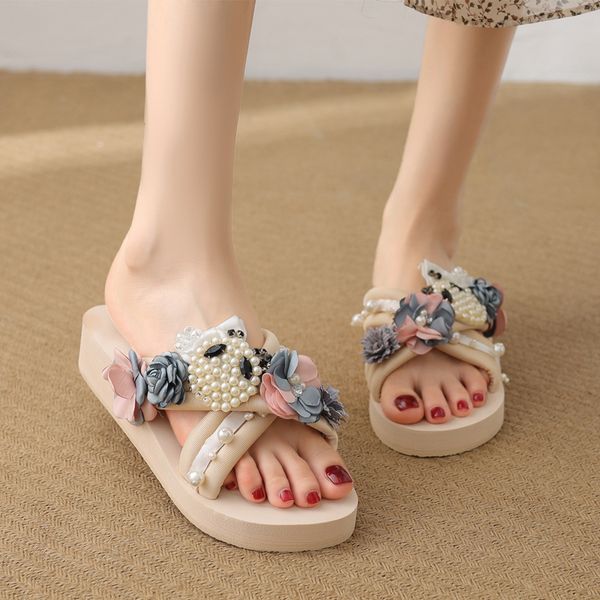 

flower slippers women summer shoes woman 2020 pantofle slides shale female beach med on a wedge new sabot soft, Black
