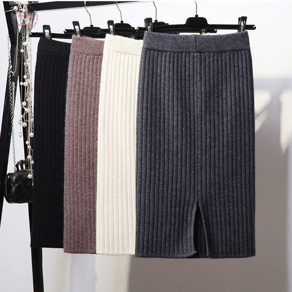 

женская bodycon сплит вязаная юбка осень белый высокая талия карандаш миди юбки женщины 2019 зима элегантный вязание днища женский, Black