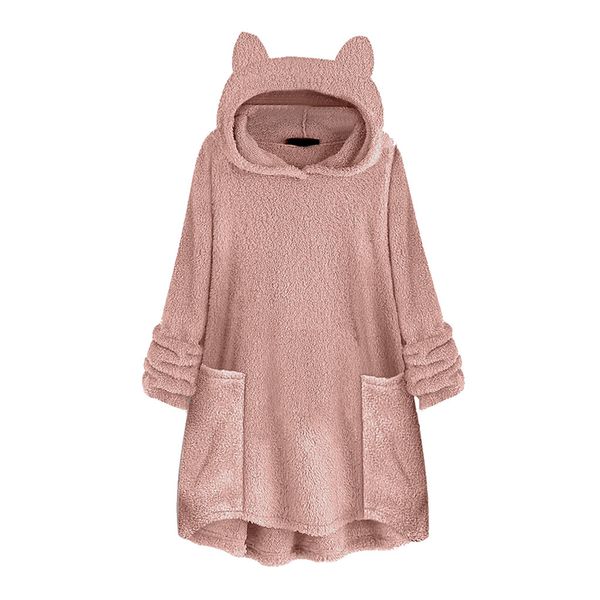 

warm fleece sweatshirts women pocket long sleeve hoodies women coat cute cat ear shape fuzzy hoodies sweatershirt, Black