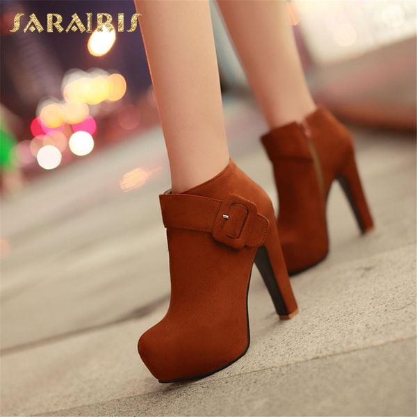 

sarairis 2018 big buckle woman ankle boots fashion trendy spike high heels zip up women's shoes platform party woman booties t200425, Black