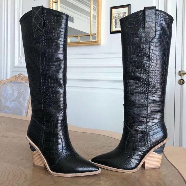 

mstacchi brand embossed runway shoes woman knee high boots pointed toe western cowboy boots chunky wedge slip on snakeskin v2, Black