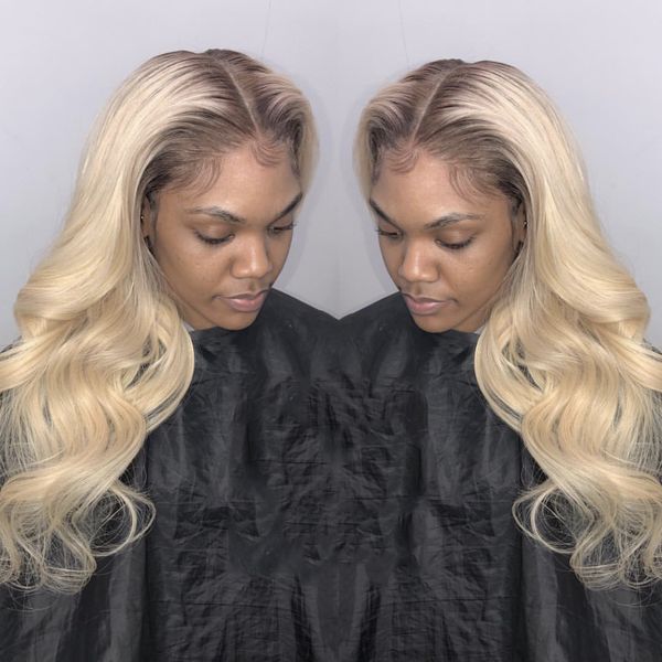 

1b 613# human hair full lace silk glueless wigs 5x4.5 silk base 180% density soft wavy black roots lace front wigs, Black;brown
