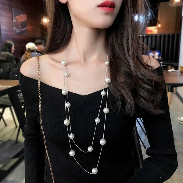

simple long double layer simulated pearls ladies necklaces clavicle fashion jewelry sweater chain necklace for women party girl, Silver