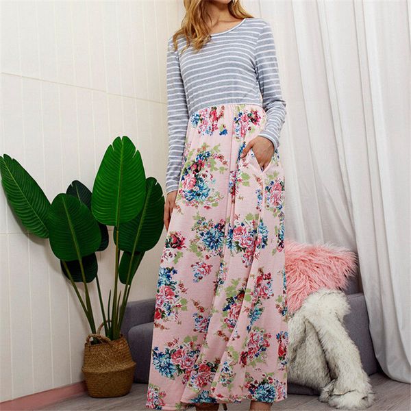 

women casual boho long maxi dress new 2018 ladies party evening autumn beach sundress floral printed striped patchwork dresses, Black;gray