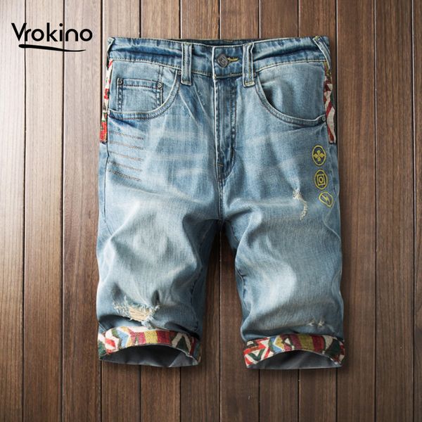 

vrokino brand men's dark blue denim shorts 2019 summer new casual fashion stretch straight hole shorts size 28-38, White;black