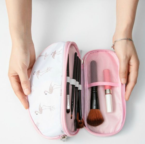 

new portable flamingo cosmetic bag double layer travel makeup pouch bags circular make up bag brush organizer for woman