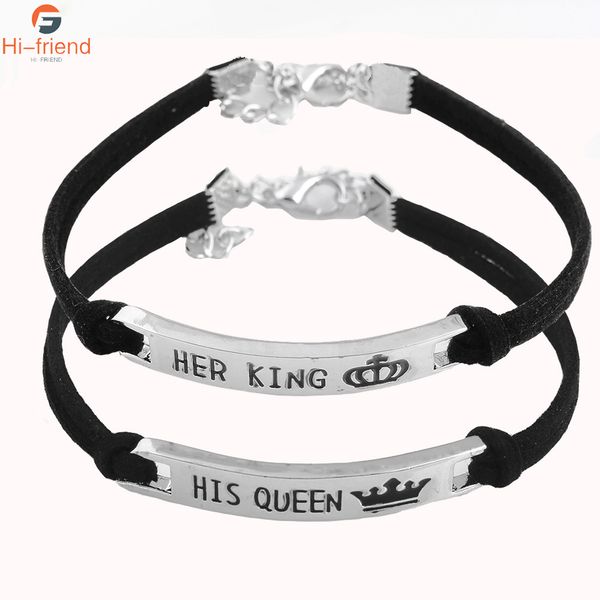 

1/2pc 2 style his queen her king black classic lover bracelet stainless steel couple bracelet gift fashion jewelry accessories