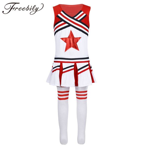 

kids girls cheerleader uniforms cheerleading costume outfit sleeveless red star applique with skirt socks dancewear set