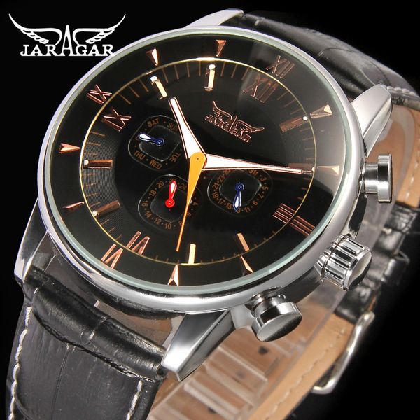 

jaragar classic automatic 6 hands calendar luminous hands black leather band mens watches business luxury mechanical male clock, Slivery;brown