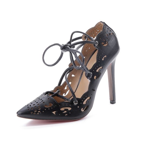 

2019 new gold impera la er cut pointed toe women pump thin high heel lace up cut out lady party hoe apato femme black white pink