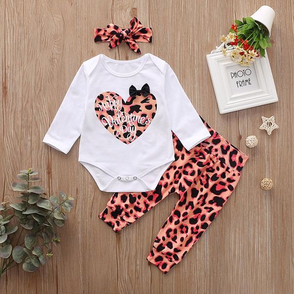 

autumn newborn baby girls clothes set cotton heart printed t-shirt leopard long pants bowknot headwear 3pcs children clothes, White