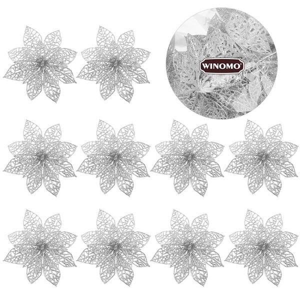 

10pcs christmas artificial flowers plastic simulated flowers for christmas tree party decoration (silver/golden/blue/pink/red
