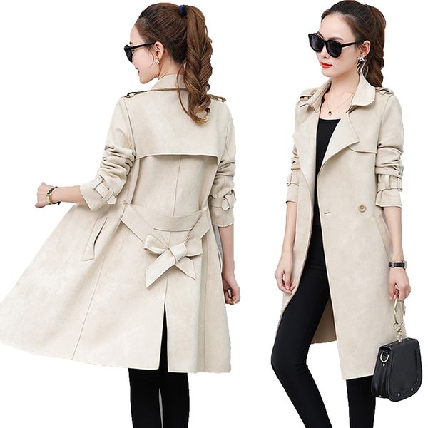 

2018 new autumn suede trench coat women abrigo mujer long elegant outwear female overcoat slim red suede cardigan trench, Tan;black