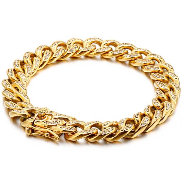 

hiphop stainless steel biker jewelry accessories for mens women 11mm miami gold curb cuban chain bracelets with shiny cz zircon, Black