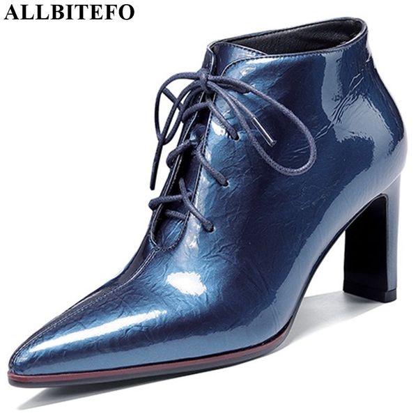 

allbitefo genuine leather pure color women boots autumn winter pointed toe ankle boots frenulum fashion girls, Black