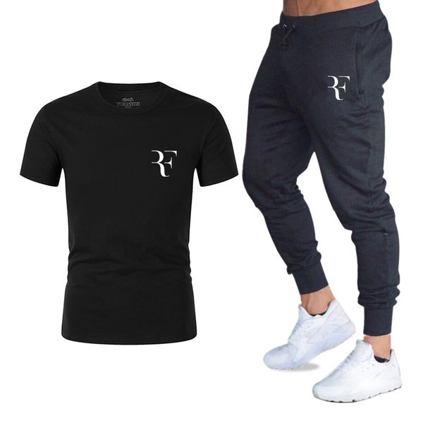

men t shirt sets summer fitness cotton comfortable short sleeve tshirt+pant brand clothing fashion print, Gray