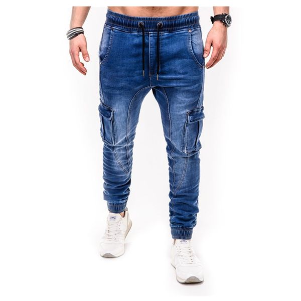 

styles men stretchy skinny biker slim fit denim men multi-pocket zipper pencil pants casual jeans fashion casual trousers, Black