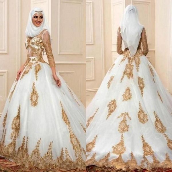 2018 vestidos de casamento muçulmano na turquia v pescoço top de ilusão 3/4 mangas puffy capela trem frisado ouro laço marfim tule vestido noiva