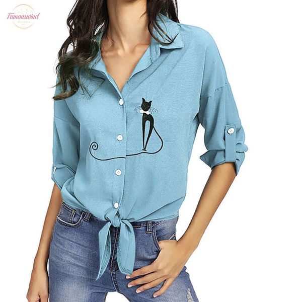 

women blouses print cat plus size knotted button hem shirt long sleeve button female fashion shirts blouses clothing blusas, White