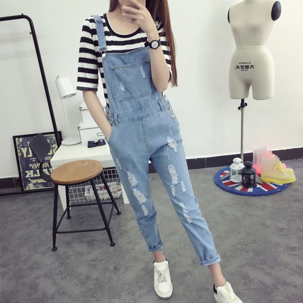 

2019 new arrival women pocket ripped denim jumpsuits braces cowboy light blue basic overall for 4 season, Black;white