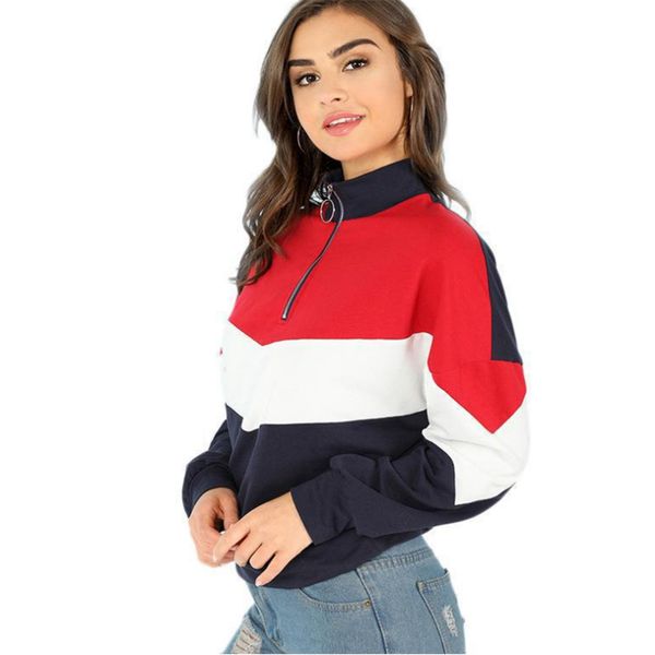 

multicolor elegant casual o-ring zip front cut and sew colorblock stand collar sweatshirt 2019 autumn women sweatshirts, Black
