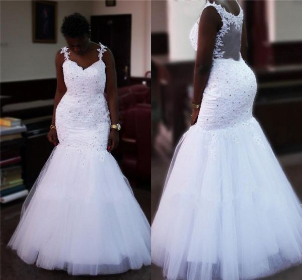 

african white lace wedding dresses plus size spaghetti straps crystals beads lace tulle sheer back bridal gowns 2020 vestido de noiva