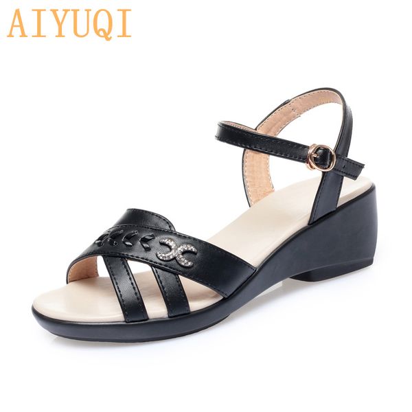 

aiyuqi women sandals large size 2020 summer new genuine leather women's sandals wedge comfortable mother shoes, Black