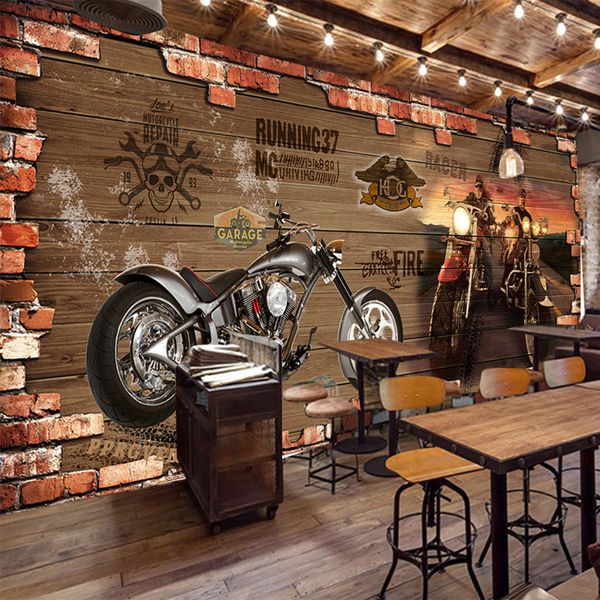 Personalizzato Personalizzazione Retro Motorcycle Brick Wallpaper Restaurant Cafe creativo decorazione 3D in rilievo murale Papel De Parede 3 D