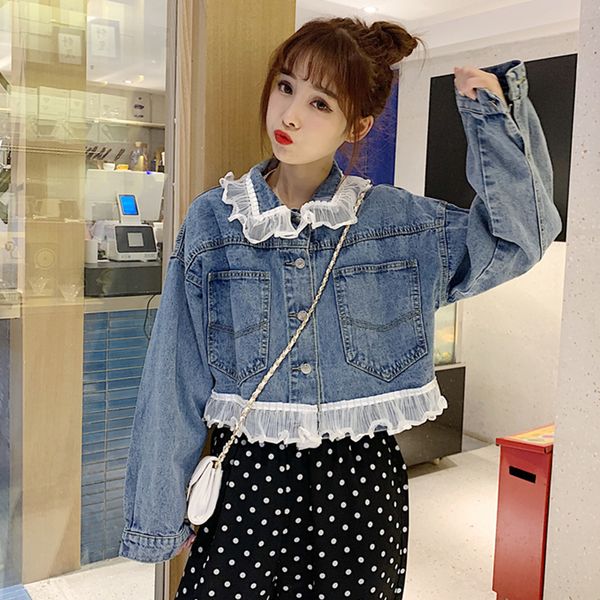 

women denim jacket lace up loose lace patchwork long sleeve korea autumn coats preppy style denim fashion new robe femme ulzzang, Black;brown