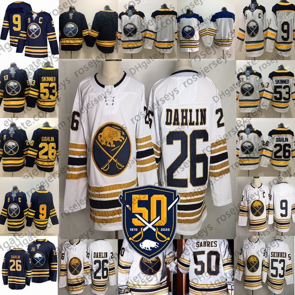 

2019 new buffalo sabres white golden 50th jersey #9 jack eichel 26 rasmus dahlin 53 jeff skinner navy blue men women youth kid, Black;red