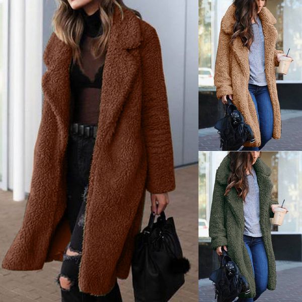 

ostrich 2019 women's winter warm oversized open front draped pockets cardigan fleece coat medium long overcaoat, Tan;black
